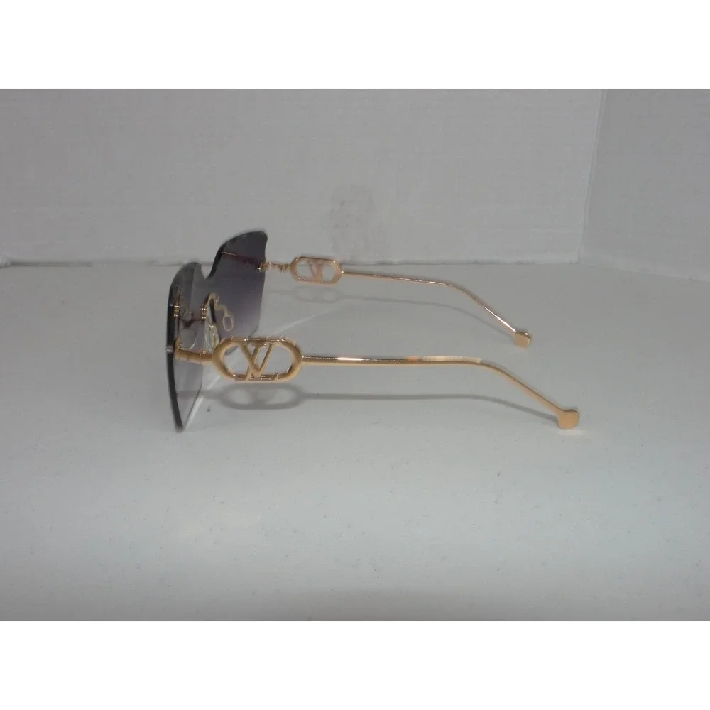 Womens Oversized Frameless Sunglasses Purple Gradient Gold Logo Temples 3768